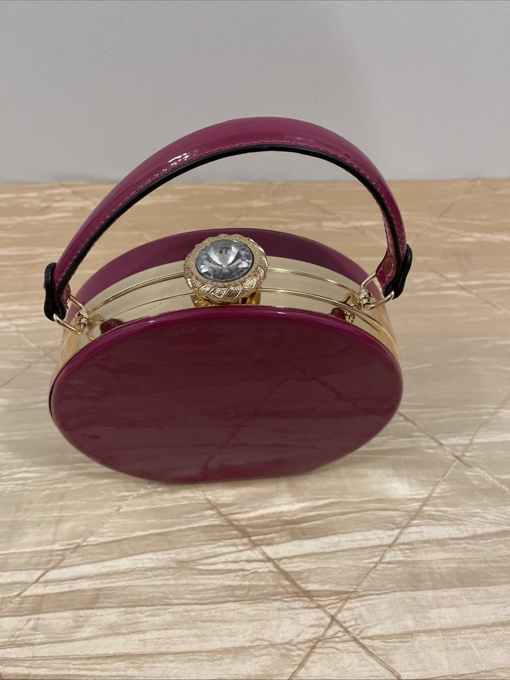 Pink Patent Round Handbag Gold Frame Rhinestone Clasp Top Handle Evening Purse
